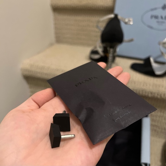 Prada Black Silver Satin Leather Diamond Jeweled CrissCross Ankle Strap Sandals - Picture 9 of 12